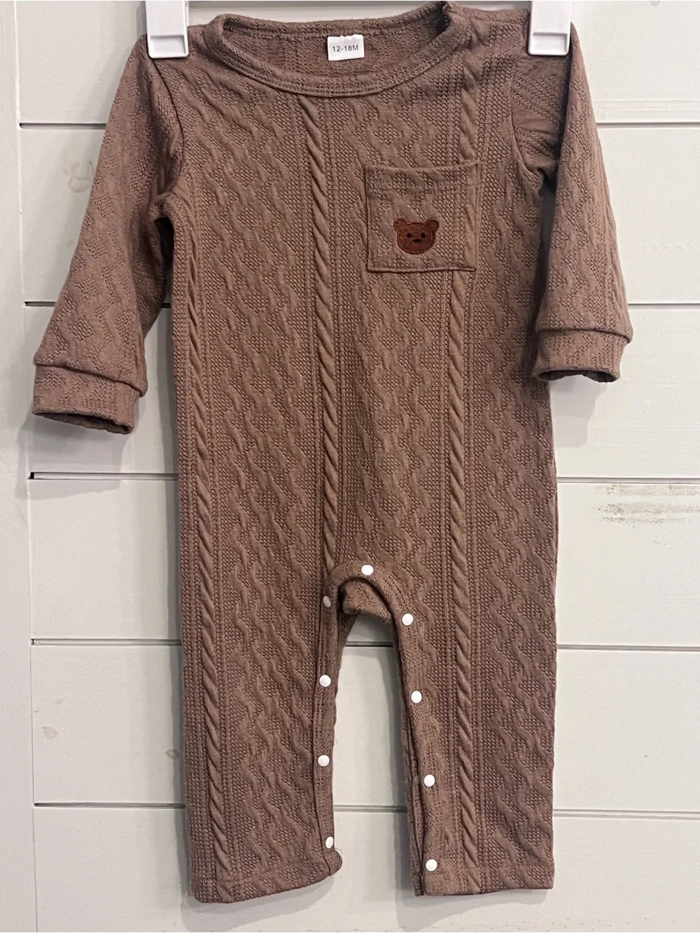 Brown Cable-Knit Baby One-Piece Romper with Bear Patch